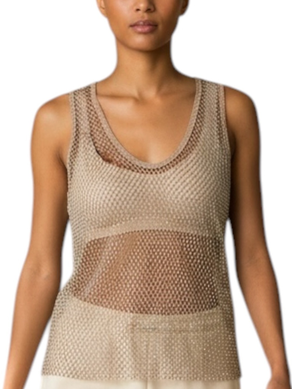 Free People Filter Finish Shimmery Beige Open-Knit Sleeveless Tank Top Sz S/P